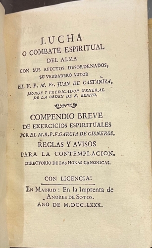 Portada de Lucha o Combate Espiritual Del Alma Con Sus Afectos Desordenados y Compendio Breve de Exercicios Espirituales - Juan  De Casta�iza y Garc�a De Cisneros
