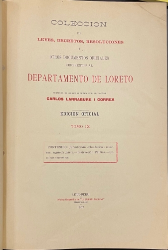 Portada de Otros Documentos Oficiales referentes al Departamento de Loreto - Carlos Larrabure i Correa