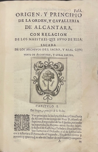 Portada de Difiniciones de la Orden y Cavalleria de Alcantara con la Historia y Origen de Ella