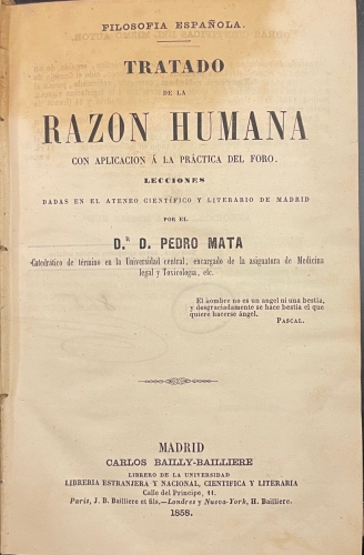 Portada de Tratado de la Raz�n Humana con aplicaci�n a la pr�ctica del foro. Lecciones dada en el Ateneo Cientifico y Literario de Madrid  - Pedro Mata