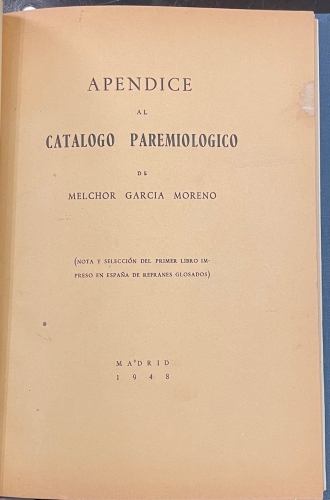 Portada de Apendice al Catalogo Paremiologico de Melchor Garcia Moreno