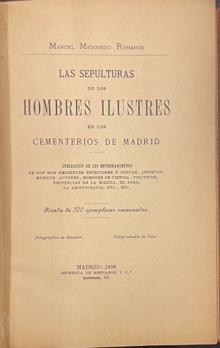 Portada de Las Sepulturas de los Hombres Ilustres en los Cementerios de Madrid - Manuel Mesonero Romanos