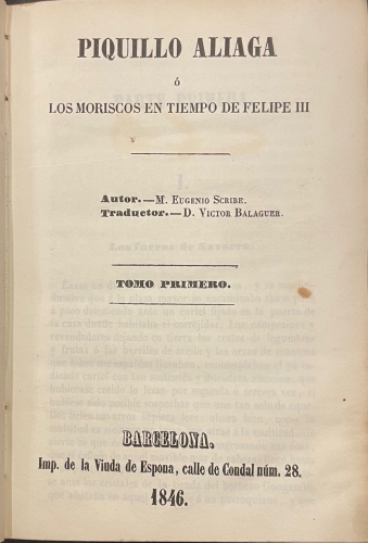 Portada de Piquillo Aliaga o los Moriscos en Tiempo de Felipe III - Eugenio Scribe