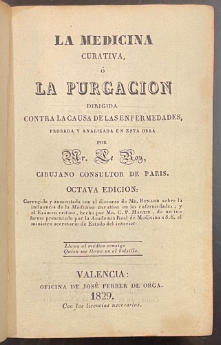 Portada de La Medicina Curativa o la Purgaci�n - Le Roy