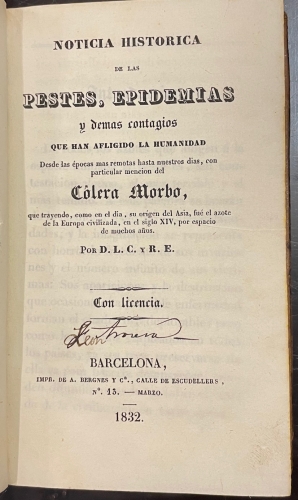 Portada de Noticia Hist�rica de las Pestes, Epidemias y demas contagios que han afligido la humanidad - L.C y R.E.