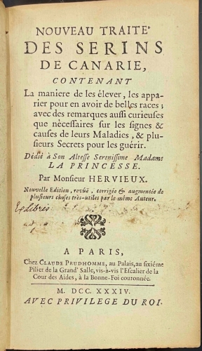 Portada de Nouveau Traite des Serins de Canarie, contenant la maniere de les elever, les apparier pour en avoir de belles races... - J. C. Hervieux de Chanteloup