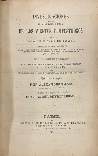 Portada de Investigaciones acerca de la Naturaleza y cursos de los Vientos Tempestuosos en el Oceano Indico al Sur del Ecuador - Alexander Thom