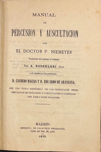 Portada de Manual de Percusi�n y Auscultaci�n / Estudios Oftalmol�gicos - Doctor P. Niemeyer/ Dr. Luis Carretas y Arag�