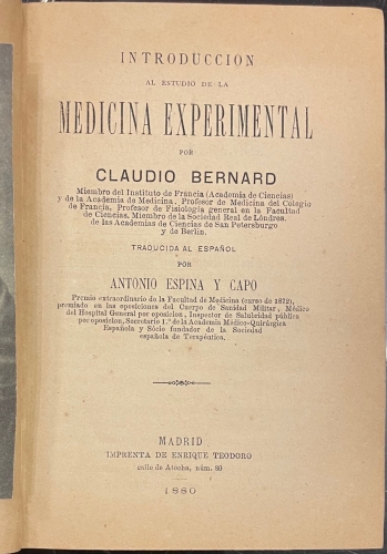 Portada de Introducci�n al Estudio de la Medicina Experimental  - Claudio Bernard