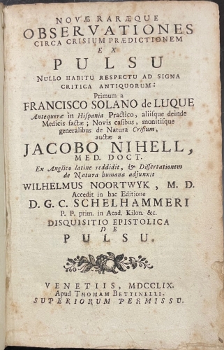 Portada de Novae Raraeque Observationes circa crisium praedictionem ex Pulsu...Franciso Solano de Luque - Jacobo Nihell