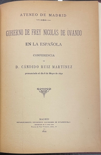 Portada de Gobierno de Frey Nicol�s de Ovando en la Espa�ola. Ateneo de Madrid - C�ndido Ruiz Mart�nez