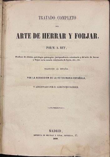 Portada de Tratado Completo del Arte de Herrar y Forjar - A. Rey