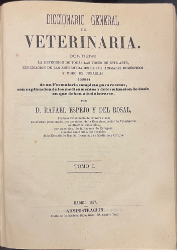 Portada de Diccionario General de Veterinaria.  - Rafael Espejo y del Rosal