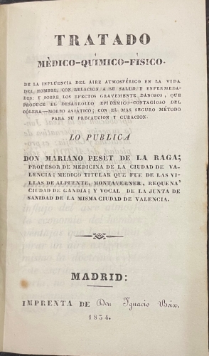 Portada de Tratado M�dico-Quimico-Fisico de la influencia del aire atmosferico en la vida del hombre...y c�lera-morbo asi�tico - Mariano Peset de la Raga