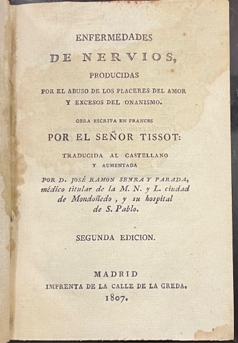 Portada de Enfermedades de los Nervios, producidas por el abuso de los placeres del amor y excesos del onanismo - Tissot