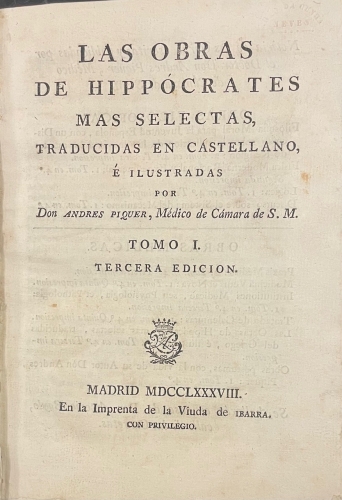 Portada de Las Obras de Hipocrates mas selectas - Hipocrates. Andres Piquer