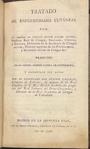 Portada de Tratado de las Enfermedades Cut�neas - Joseph Jacobo Plenck