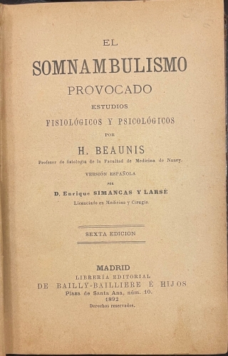 Portada de El Sonambulismo Provocado. Estudios fisiol�gicos y psicol�gicos - H. Beaunis