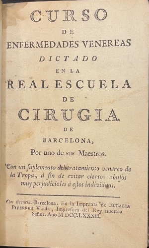 Portada de Curso de Enfermedades Venereas dictado en la Real Escuela de Cirugia de Barcelona