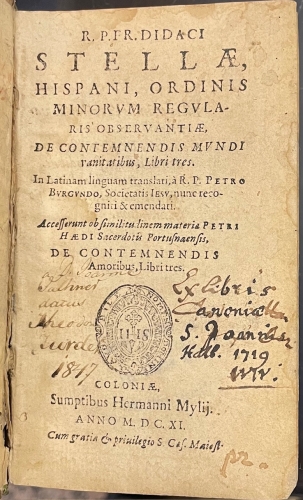 Portada de De Contemnendis Mundi Vanitatibus. De Contemnendis Amoribus - Diego de Estella. Pietro Cavretto