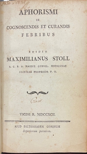 Portada de Aphorismi de Cognoscendis et Curandis Febribus - Maximilian Stoll