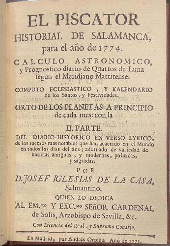 Portada de El Piscator, Historial de Salamanca, para el a�o de 1774. Calculo astronomico y pron�stico diario de Quartos de Luna seg�n el Meridiano Matritense - Josef Iglesias de la Casa