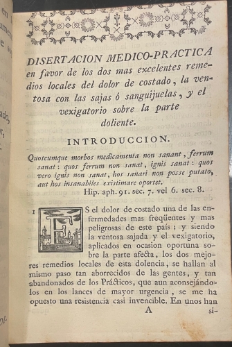 Portada de Disertaci�n Medico-Practica en favor de los dos mas excelentes remedios locales del Dolor de Costado, cuando se ha resistido a las sangr�as, y dem�s remedios antiflog�sticos - Manuel Martin Lopez