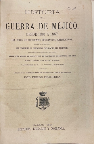 Portada de Historia de la Guerra de M�jico desde 1861 a 1867 - Pedro Pruneda