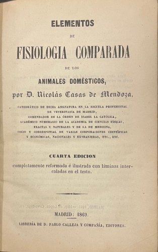 Portada de Elementos de Fisiolog�a Comparada de los Animales Dom�sticos - Nicolas Casas de Mendoza