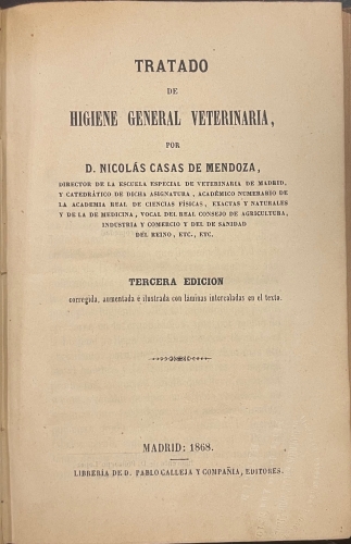 Portada de Tratado de Higiene General Veterinaria - Nicol�s Casas de Mendoza