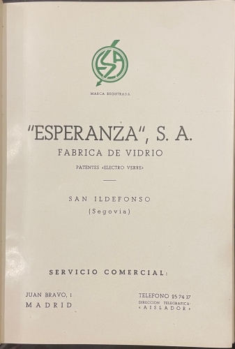 Portada de Esperanza S.A. Fabrica de Vidrio. San Ildefonso. Segovia