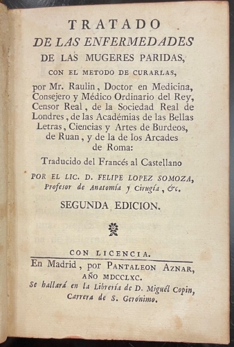 Portada de Tratado de las Enfermedades de Mujeres Paridas, con el metodo de curarlas - Raulin