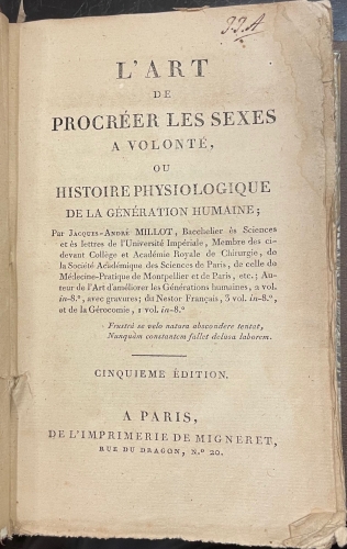 Portada de L'Art de Procreer les Sexes a Volonte ou Histoire Physiologique de la Generation Humaine - Jacques-Andre Millot