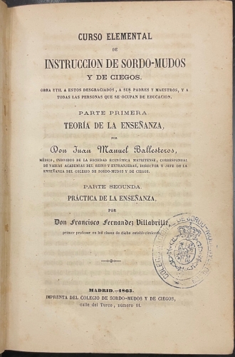 Portada de Curso Elemental de Instruccion de Sordo-Mudos y de Ciegos.  - Juan Manuel Ballesteros. Francisco Fernandez Villabrille