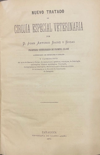 Portada de Nuevo Tratado de Cirugia Especial Veterinaria - Juan Antonio Sainz y Rozas