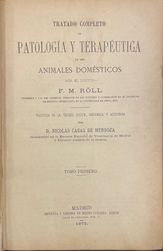 Portada de Tratado Completo de Patolog�a y Terap�utica de los Animales Dom�sticos - F. M. R�ll