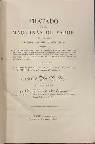 Portada de Tratado de las Maquinas de Vapor y de su aplicacion a la navegaci�n, minas, manufacturas, etc - Th. Tredgold
