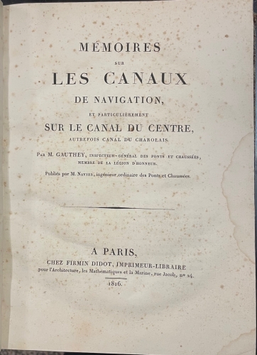 Portada de Memoires sur Les Canaux de Navigation et particulierement sur le Canal du Centre, autrefois canal du Charolais - M. Gauthey