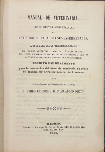 Portada de Manual de Veterinaria. Conocimientos indispensables del Exterior del Caballo y sus Enfermedades - Pedro Briones y Juan Abdon Nieto