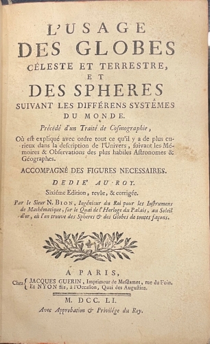 Portada de L'Usage des Globes Celeste et Terrestre et des Spheres suivant les differens systemes du monde - Nicolas Bion