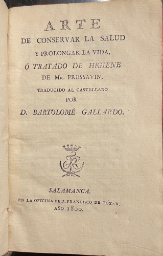 Portada de Arte de Conservar La Salud y prolongar la vida, � Tratado de Higiene - Pressavin