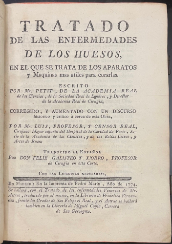 Portada de Tratado de las Enfermedades de los Huesos, en el que se trata de los Aparatos y M�quinas m�s utiles para curarlas - Petit