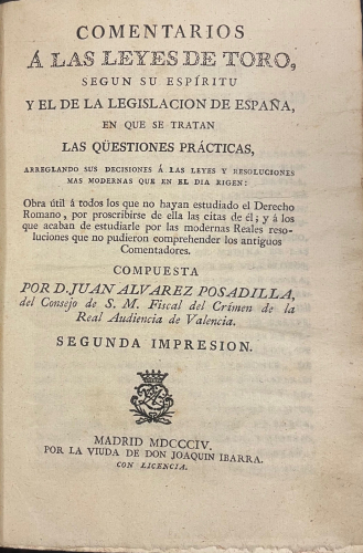 Portada de Comentarios a las Leyes de Toro  - Juan �lvarez de Posadilla