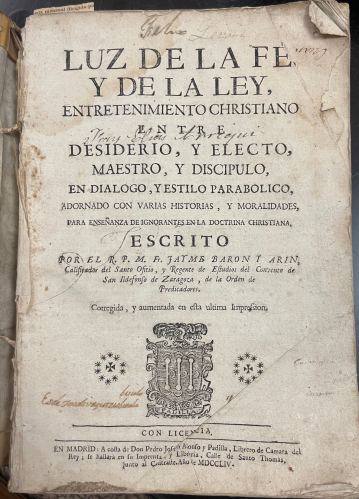 Portada de Luz de la Fe y de la Ley, entretenimiento cristiano entre Desiderio y Electo, maestro y disc�pulo.. - Fr. Jayme Baron y Arin