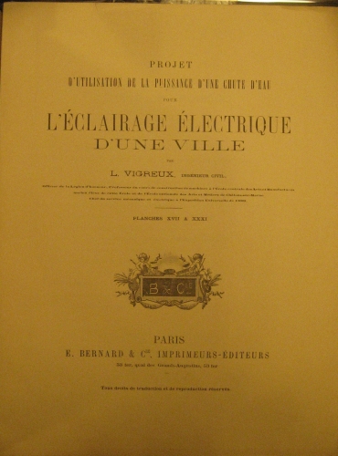 Portada de Project D�utilisation De La puissance D�une Chute D�eau Pour L��clairage �lectrique D�une Ville . Planches XVII a XXXI - L. Vigreux