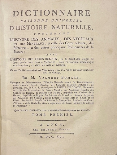 Portada de Dictionnaire Raisonn� Universel D' histoire Naturelle Contenant L' histoire Des Animaux, Des V�g�taux et Des Min�raux, Des V�g�taux et Des Min�raux, et Celle Des Corps C�lestes, Des M�t�ores, et Des Autres Pricipaux Ph�nomenes De La Nature - M. Valmont-Bomare