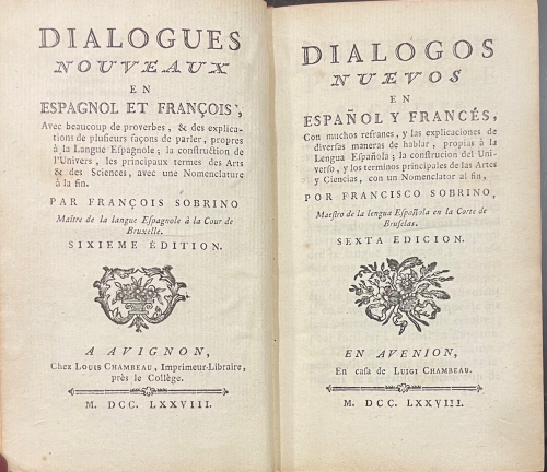 Portada de Dialogos Nuevos En Espa�ol y Franc�s, Con Muchos Refranes, y Las Explicaciones De Diversas maneras De Hablar, Propias a La Lengua Espa�ola; La Construcci�n Del Universo, y Los T�rminos principales De Las Artes y Ciencias, Con Un Nomenglator al Fin. - Francisco Sobrino
