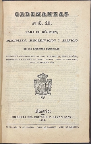 Portada de Ordenanzas De S.M. Para El R�gimen, Disciplina, Subordinaci�n y Servicio De Los Ej�rcitos Nacionales.