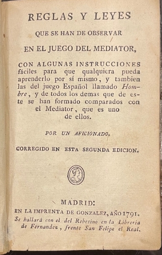 Portada de Reglas y Leyes q se han de observar en el juego del mediator - Por un aficionado