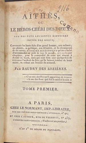 Portada de A�thes ou le Heros Cheri Des Dieux: une des plus anciennes histoires imitee des Grecs - Baudry des Lozieres